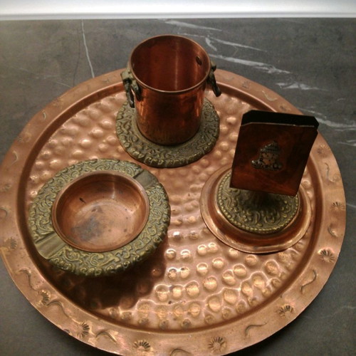 Copper serving set used, 4 pieces with embossed design