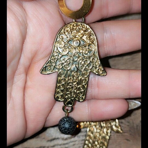 Hamsa earrings new with stone from Santorini volcano