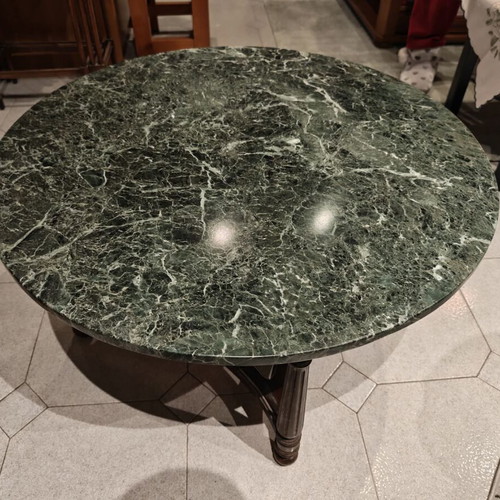 Coffee table like new with green marble top and dark wood legs