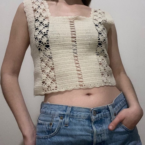Crochet knit top used, size Small, beige