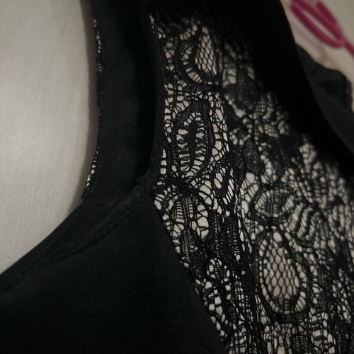 Evening dress knee-length black with sewn lace on champagne fabric like new