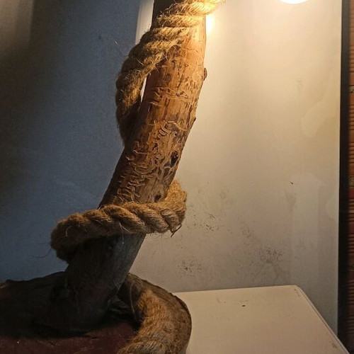 Handmade lamp with cement base and pine wood