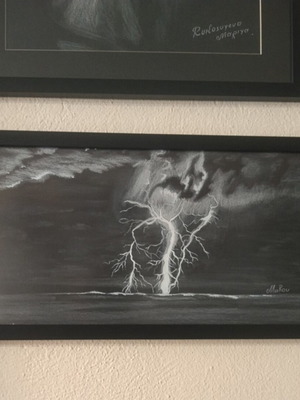 Lightning charcoal drawing on Canson paper with frame and mat glass
