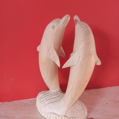 Wooden dolphins decorative sculpture used, height 21 cm