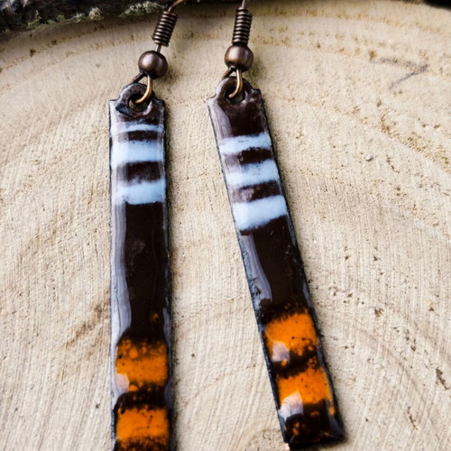 Vintage enameled earrings, handmade, brown orange blue