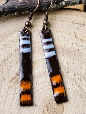 Vintage enameled earrings, handmade, brown orange blue