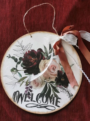 Handmade welcome frame with decoupage and chalk paint, diameter 30 cm, new