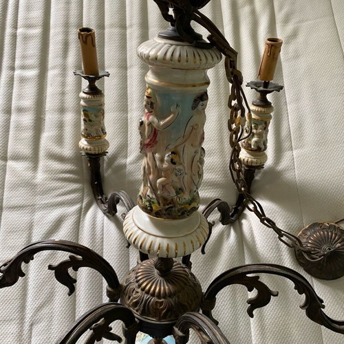 Capo di Monte chandelier used, handmade porcelain and bronze 6-light
