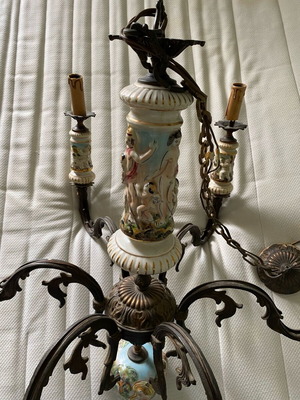 Capo di Monte chandelier used, handmade porcelain and bronze 6-light