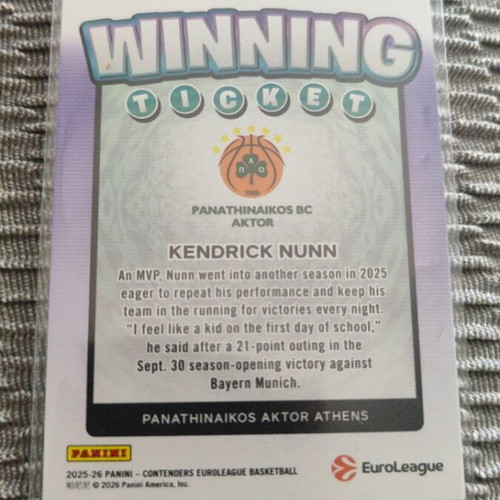 Euroleague 25-26 Kendrick Nunn Winning Ticket new