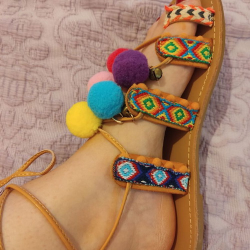 Boho chic festival sandals with pom poms, size 37