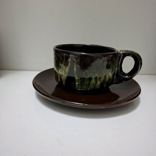 Vintage Vallauris ceramic tea set 1960s like new, brown-green lava glaze