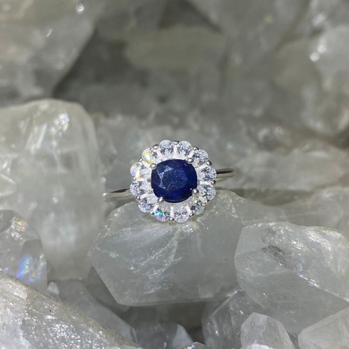 Handmade silver ring with natural blue sapphire and moissanites, new