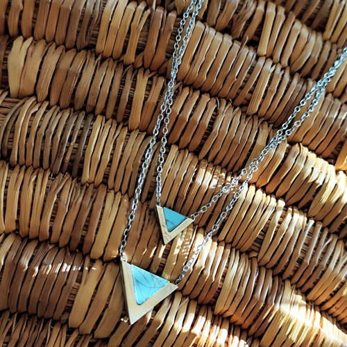 Double Stainless Steel Necklace Layering with Turquoise Triangles new
