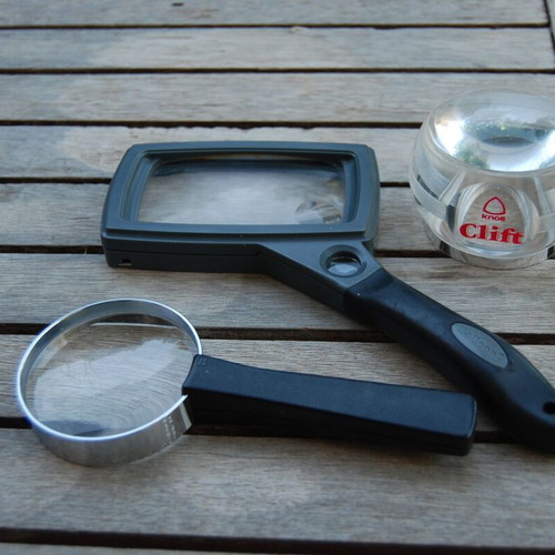 Magnifying lenses used, set of three, reading aids for vision problems