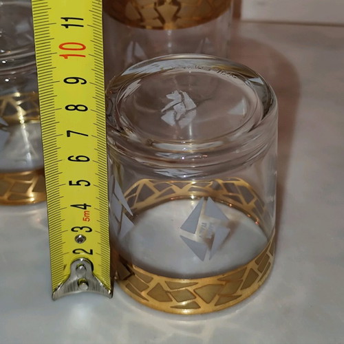 Whiskey or water glasses used, Italian made, gold decoration set of 5