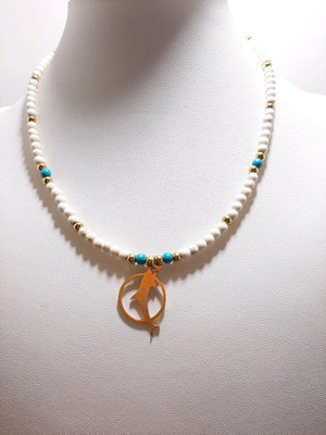 Handmade necklace with semi-precious stones and stainless steel dolphin pendant