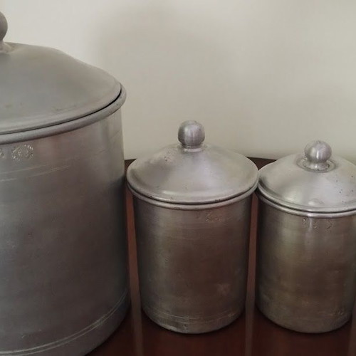 Aluminum storage containers used, set of four vintage decorative pieces