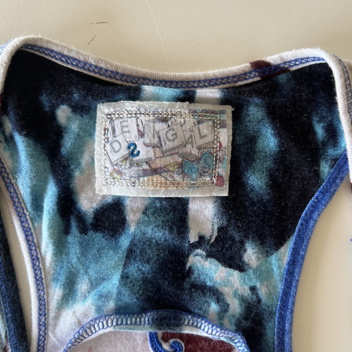 Desigual sleeveless blouse used, size Small with sequins and blue lace