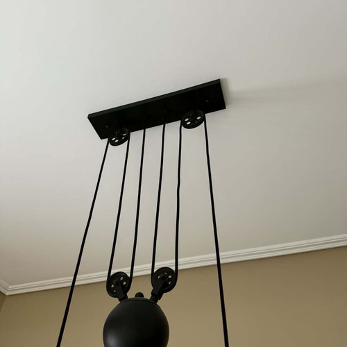 Ceiling light with pulleys and counterweight, like new, adjustable height