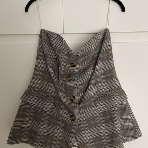 Zara strapless top large, plaid brown and grey, like new
