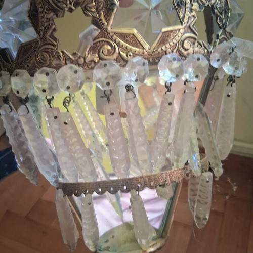 Wall lights set used, vintage brass with crystals, 2 pieces