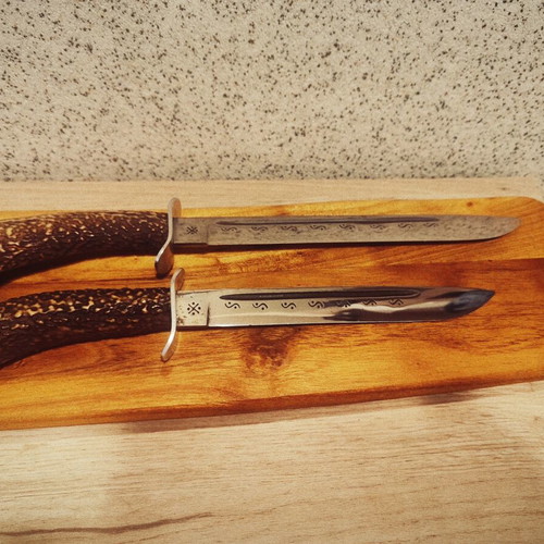 Hunting butcher knives, handmade, leather sheaths, set of 2