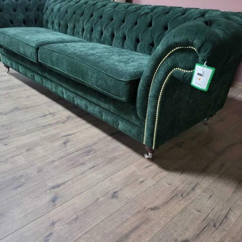 Large green Chesterfield fabric sofa new, four-seater