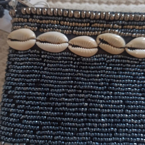 Clutch with beads and shells, new, gray and blue