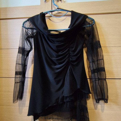 Black blouse with smile neckline and lace sleeves, size M