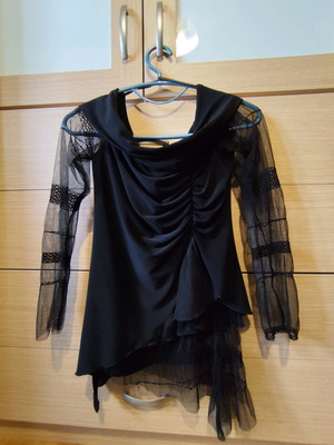Black blouse with smile neckline and lace sleeves, size M