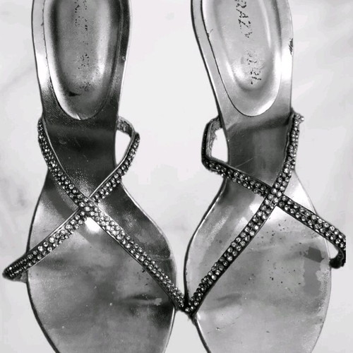 Strass sandals used, 10 cm heel, size 37, silver