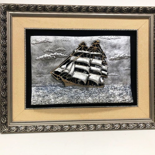 Embossed ship painting like new with carved frame 70x90cm