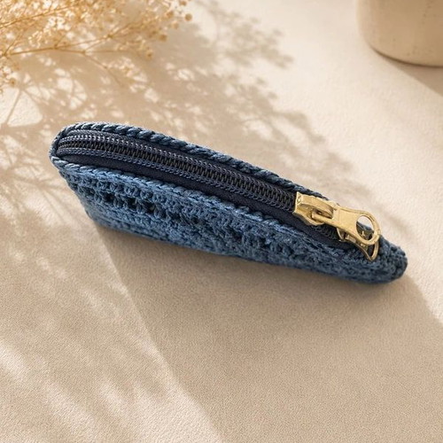 Handmade crochet bag, blue, with inner lining and silver zipper