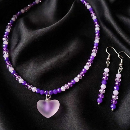 Handmade purple crystal elegant necklace and earrings set