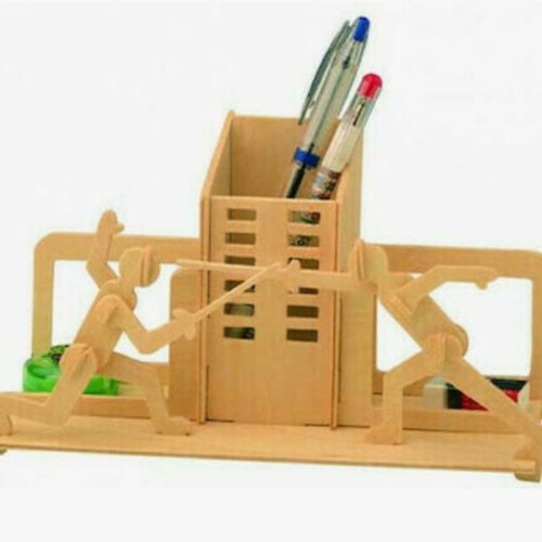 3D wooden puzzle pencil holder with fencing theme like new