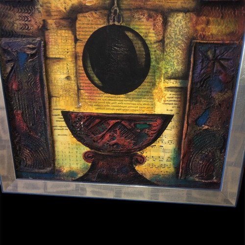 Painting Ekremes used, oil, sand, collage 57x138cm