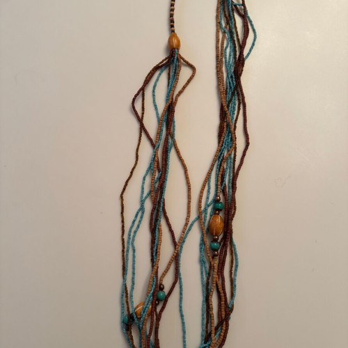 Women's long necklace from beads and wood like new, turquoise and brown