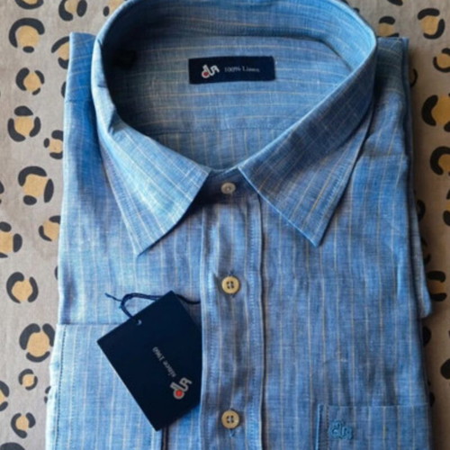 Dur men's linen shirt, long sleeve, blue with yellow stripes, XL