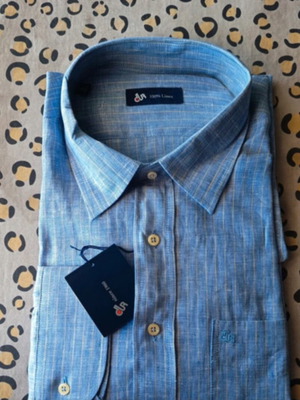 Dur men's linen shirt, long sleeve, blue with yellow stripes, XL