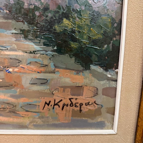 Ελαιογραφία Ν. Κριδέρας μεταχειρισμένη σε κορνίζα με θέμα Νησί