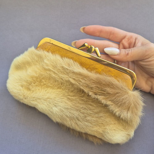 Wallet like new with gold details and fur, beige
