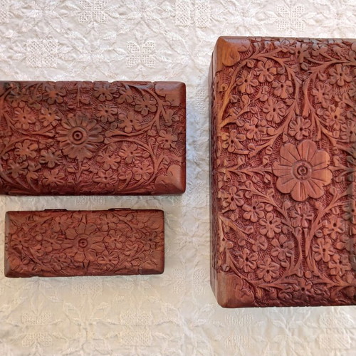 Set of 3 handmade woodcarved boxes from rosewood with velvet lining