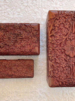 Set of 3 handmade woodcarved boxes from rosewood with velvet lining