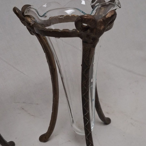 Art Nouveau vases with bronze bases and original blown glass inserts, like new