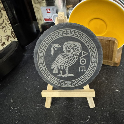 Set of 4 Engraved Greek Slate Coasters with Athenian Owl