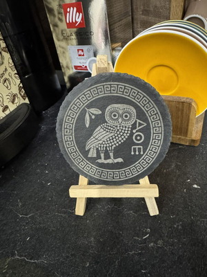 Set of 4 Engraved Greek Slate Coasters with Athenian Owl