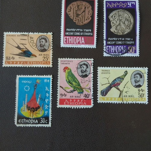 African stamps used, set of 6 with birds and ancient coins