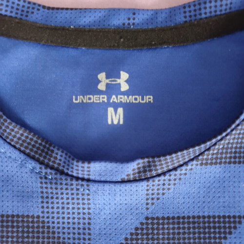 Under Armour short sleeve sports shirt, black and blue, size M