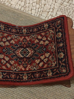 Indian handmade folding wooden seat with woodcarving and decorative rug